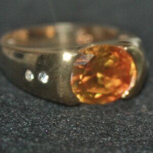 14k Gold Over 925 Sterling Silver  Art Nouveau Amber Ring w Side Stones